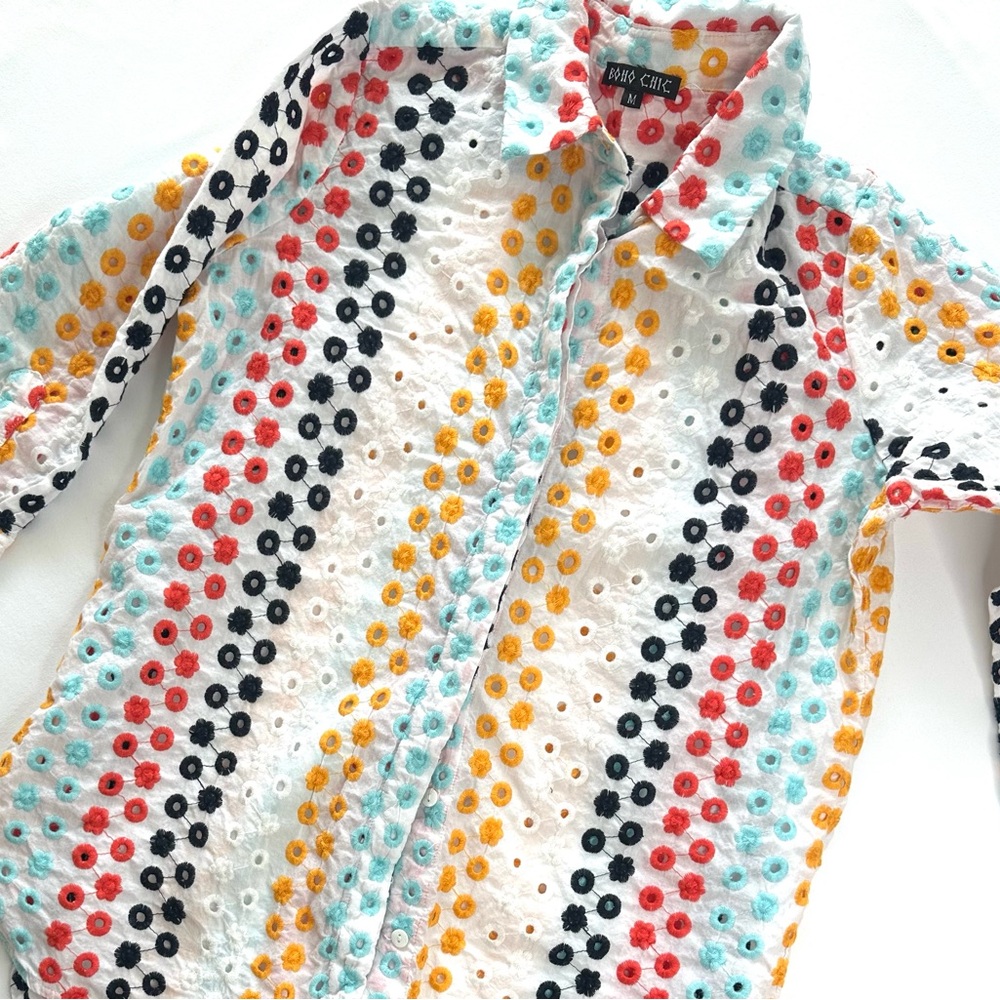 Boho Chic Eyelet 3/4 Sleeve Button Up Size M